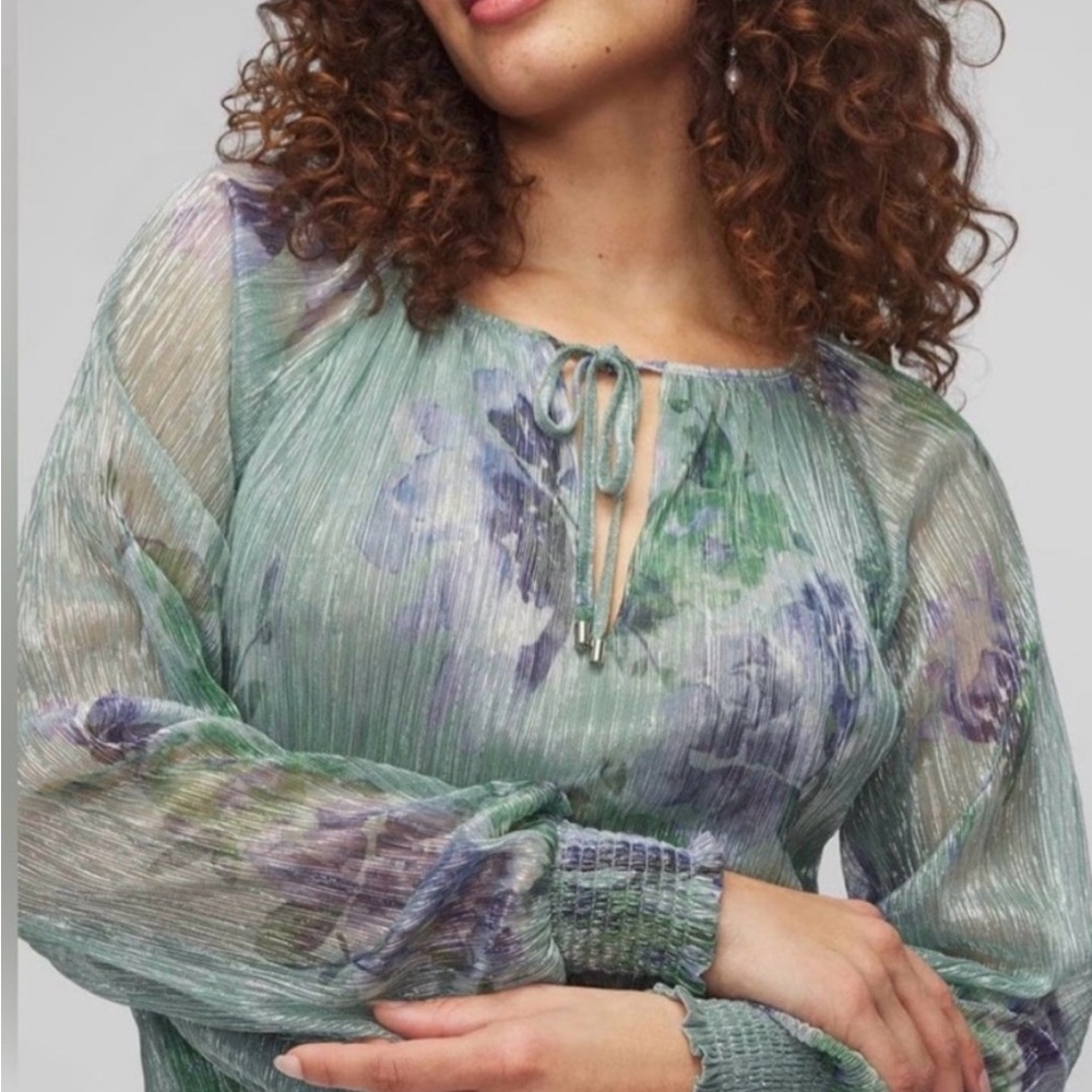 White House Black Market Metallic Floral Green Silver Blue Top